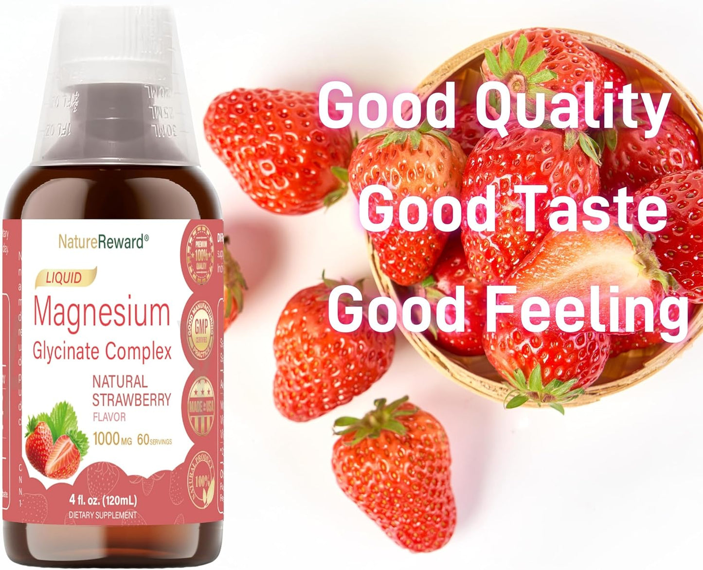 Liquid Magnesium Glycinate Supplement with Vitamin B1 & B6 - 1000mg, 60-Day Supply, Non-GMO, Strawberry Flavor - Vegetarian Formula for Adults - 4 fl oz