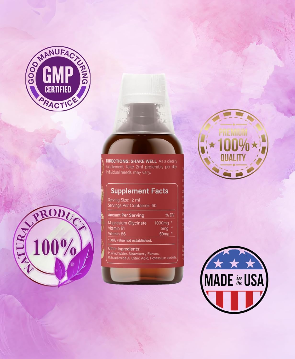 Liquid Magnesium Glycinate Supplement with Vitamin B1 & B6 - 1000mg, 60-Day Supply, Non-GMO, Strawberry Flavor - Vegetarian Formula for Adults - 4 fl oz