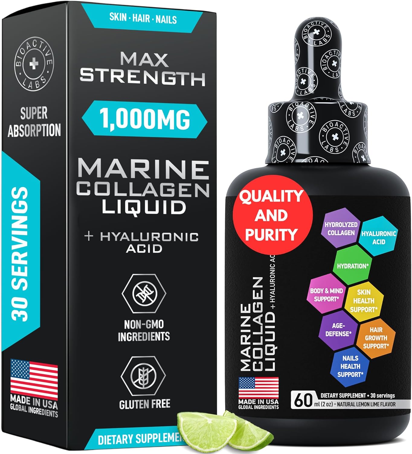 Liquid Marine Collagen Peptides with Hyaluronic Acid - 1,000mg Hydrolyzed Collagen Drops - Skin, Hair, Nails Support - 30-Day Supply