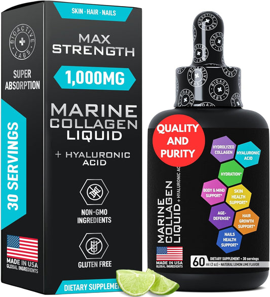 Liquid Marine Collagen Peptides with Hyaluronic Acid - 1,000mg Hydrolyzed Collagen Drops - Skin, Hair, Nails Support - 30-Day Supply