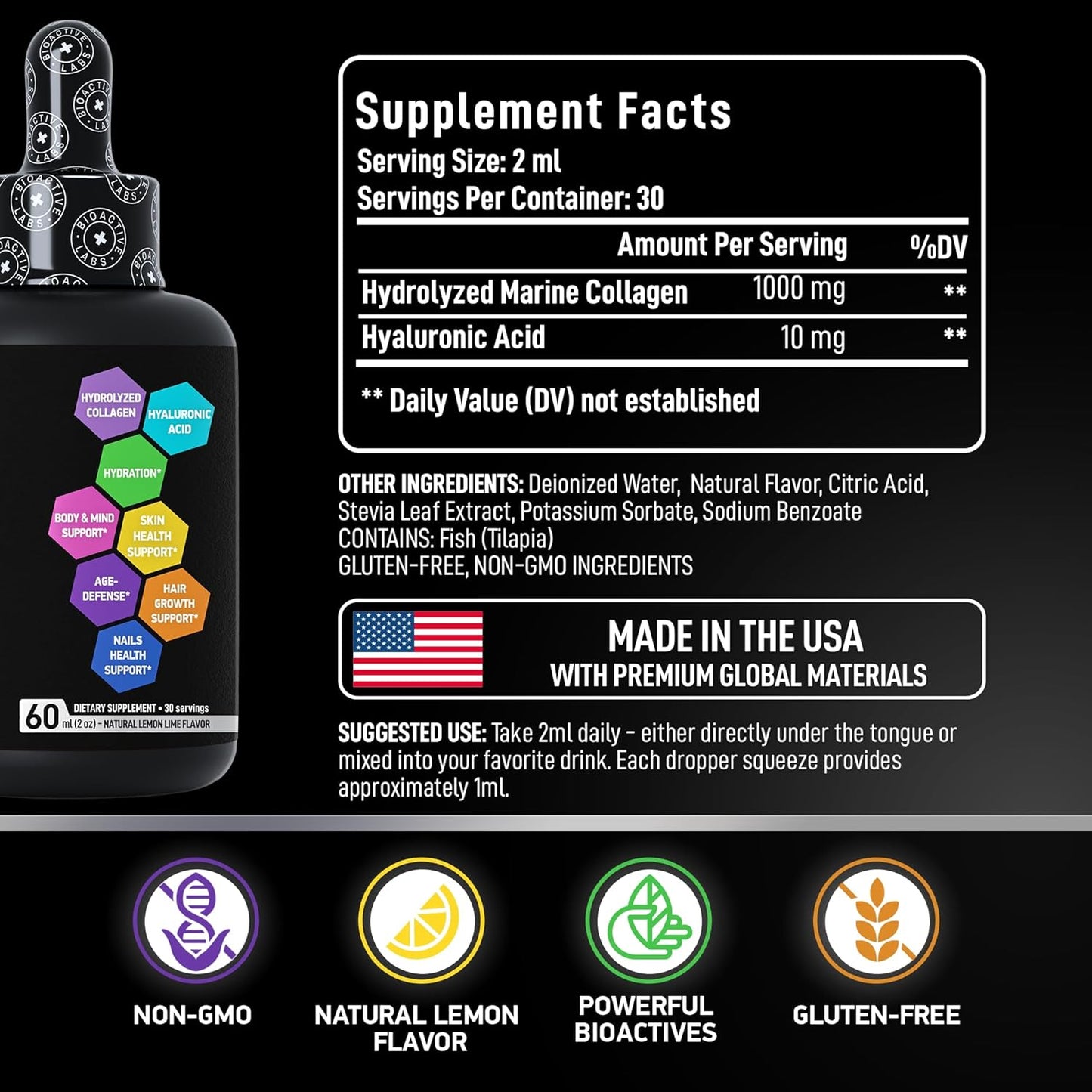 Liquid Marine Collagen Peptides with Hyaluronic Acid - 1,000mg Hydrolyzed Collagen Drops - Skin, Hair, Nails Support - 30-Day Supply
