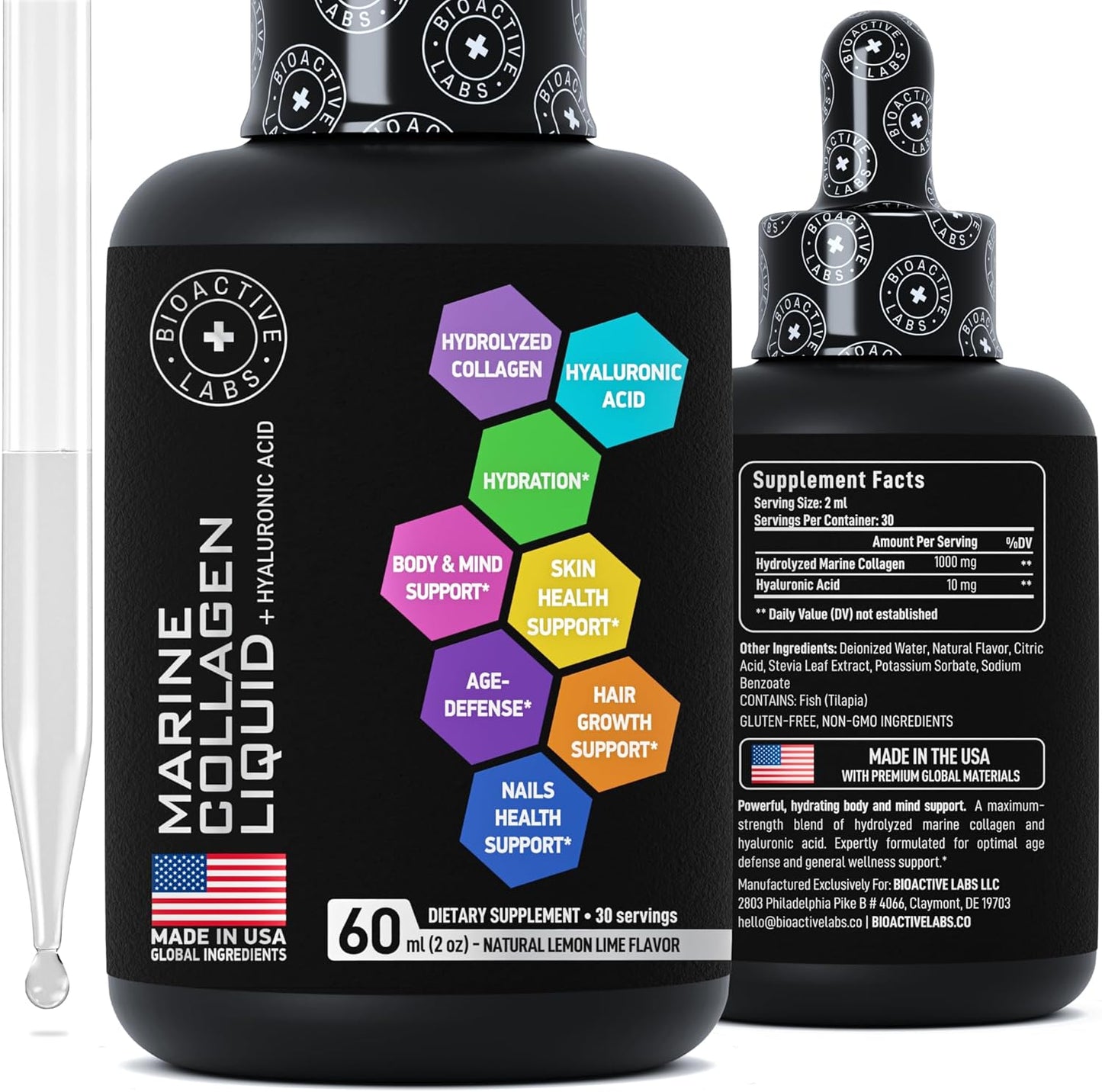 Liquid Marine Collagen Peptides with Hyaluronic Acid - 1,000mg Hydrolyzed Collagen Drops - Skin, Hair, Nails Support - 30-Day Supply