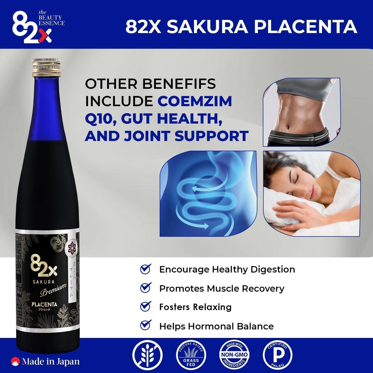 Liquid Placenta Drink with 450,000mg Premium Placenta & 15,000 Marine Collagen Peptides - 82 Fermented Plants, Skin Hair Nail Supplement from Japan (2Pack)