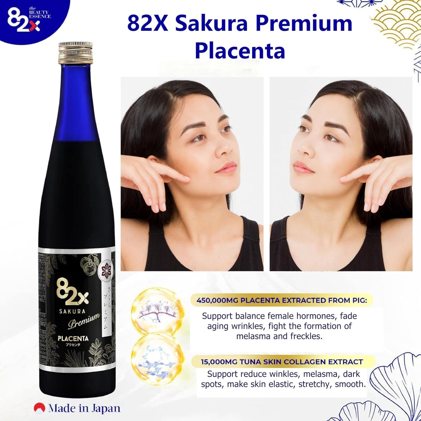 Liquid Placenta Drink with 450,000mg Premium Placenta & 15,000 Marine Collagen Peptides - 82 Fermented Plants, Skin Hair Nail Supplement from Japan (2Pack)