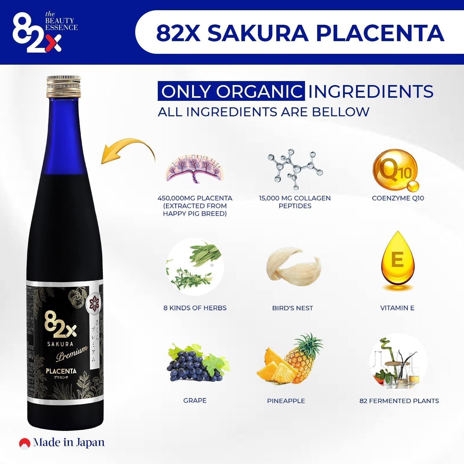 Liquid Placenta Drink with 450,000mg Premium Placenta & 15,000 Marine Collagen Peptides - 82 Fermented Plants, Skin Hair Nail Supplement from Japan (2Pack)