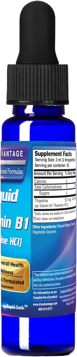 Liquid Vitamin B1 Dropper 2oz - Thiamine Supplement for Energy Support - Essential B1 Vitamins - Promotes Metabolism and Nervous System Health