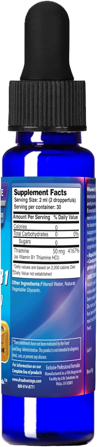 Liquid Vitamin B1 Dropper 2oz - Thiamine Supplement for Energy Support - Essential B1 Vitamins - Promotes Metabolism and Nervous System Health