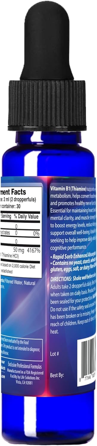Liquid Vitamin B1 Dropper 2oz - Thiamine Supplement for Energy Support - Essential B1 Vitamins - Promotes Metabolism and Nervous System Health