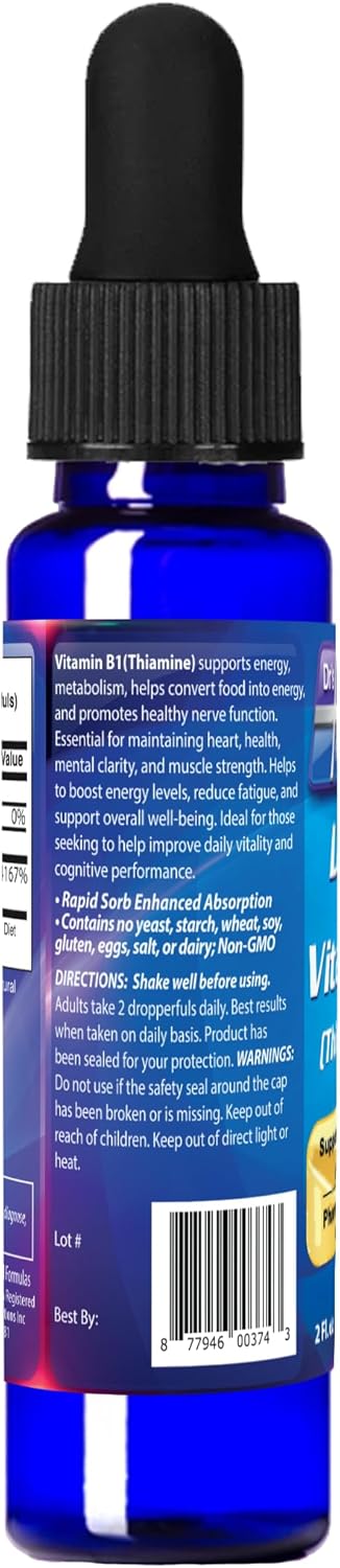 Liquid Vitamin B1 Dropper 2oz - Thiamine Supplement for Energy Support - Essential B1 Vitamins - Promotes Metabolism and Nervous System Health