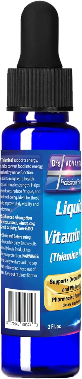 Liquid Vitamin B1 Dropper 2oz - Thiamine Supplement for Energy Support - Essential B1 Vitamins - Promotes Metabolism and Nervous System Health