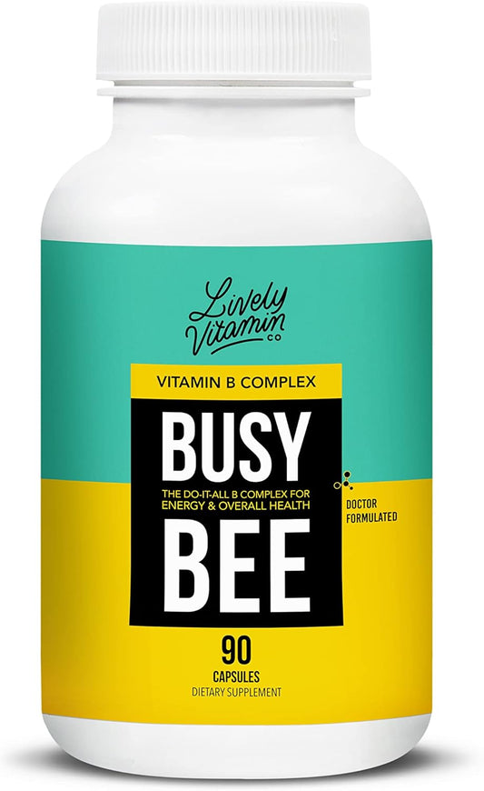 LIVELY VITAMIN CO. Busy Bee - High Bioavailability B Complex with Choline - Energy, Stress, Brain Fog, Mental Clarity - Antioxidant Support - 90 Vegan Capsules