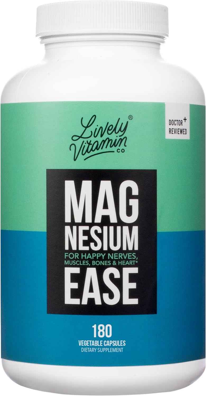 Lively Vitamin Co. Magnesium Ease - Chelated - Highly Bioavailable - Tension - Stress - Nerves - Immune Function - RLS - Gluten Dairy Soy Free - Non-GMO - 180 Vegan Capsules