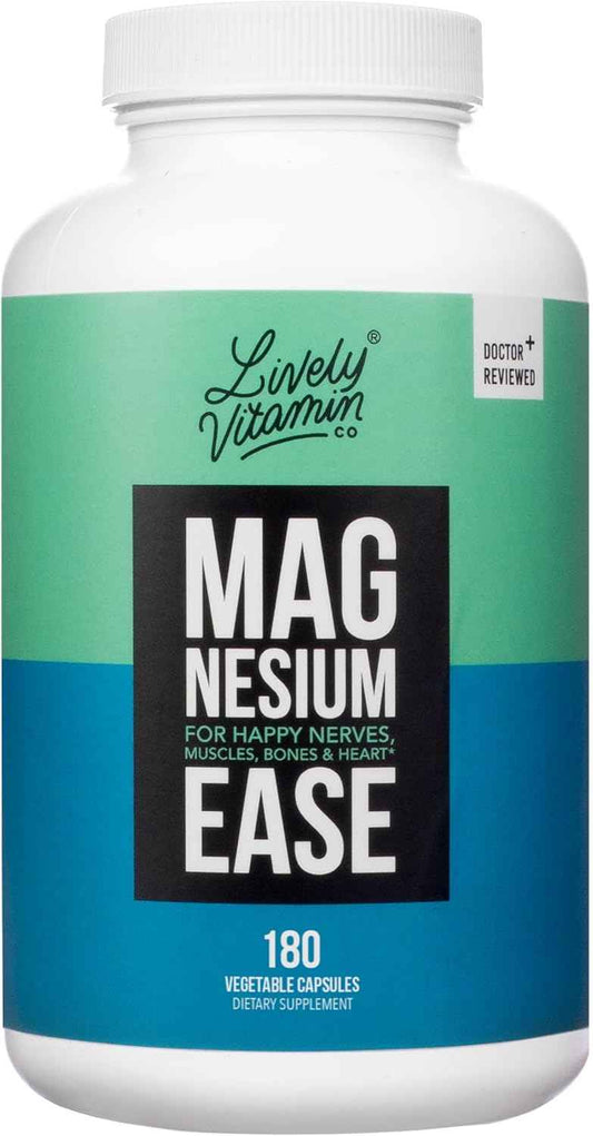 Lively Vitamin Co. Magnesium Ease - Chelated - Highly Bioavailable - Tension - Stress - Nerves - Immune Function - RLS - Gluten Dairy Soy Free - Non-GMO - 180 Vegan Capsules
