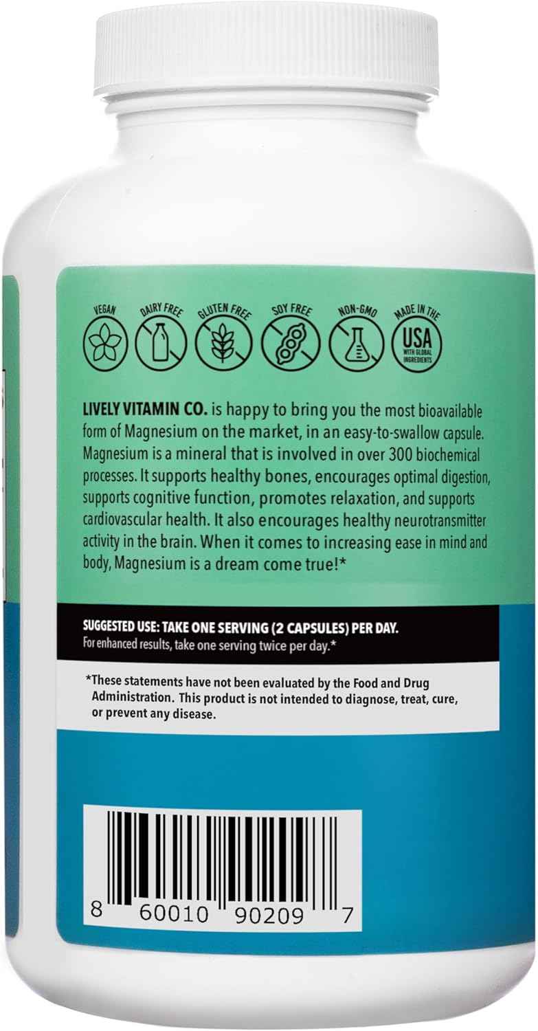 Lively Vitamin Co. Magnesium Ease - Chelated - Highly Bioavailable - Tension - Stress - Nerves - Immune Function - RLS - Gluten Dairy Soy Free - Non-GMO - 180 Vegan Capsules