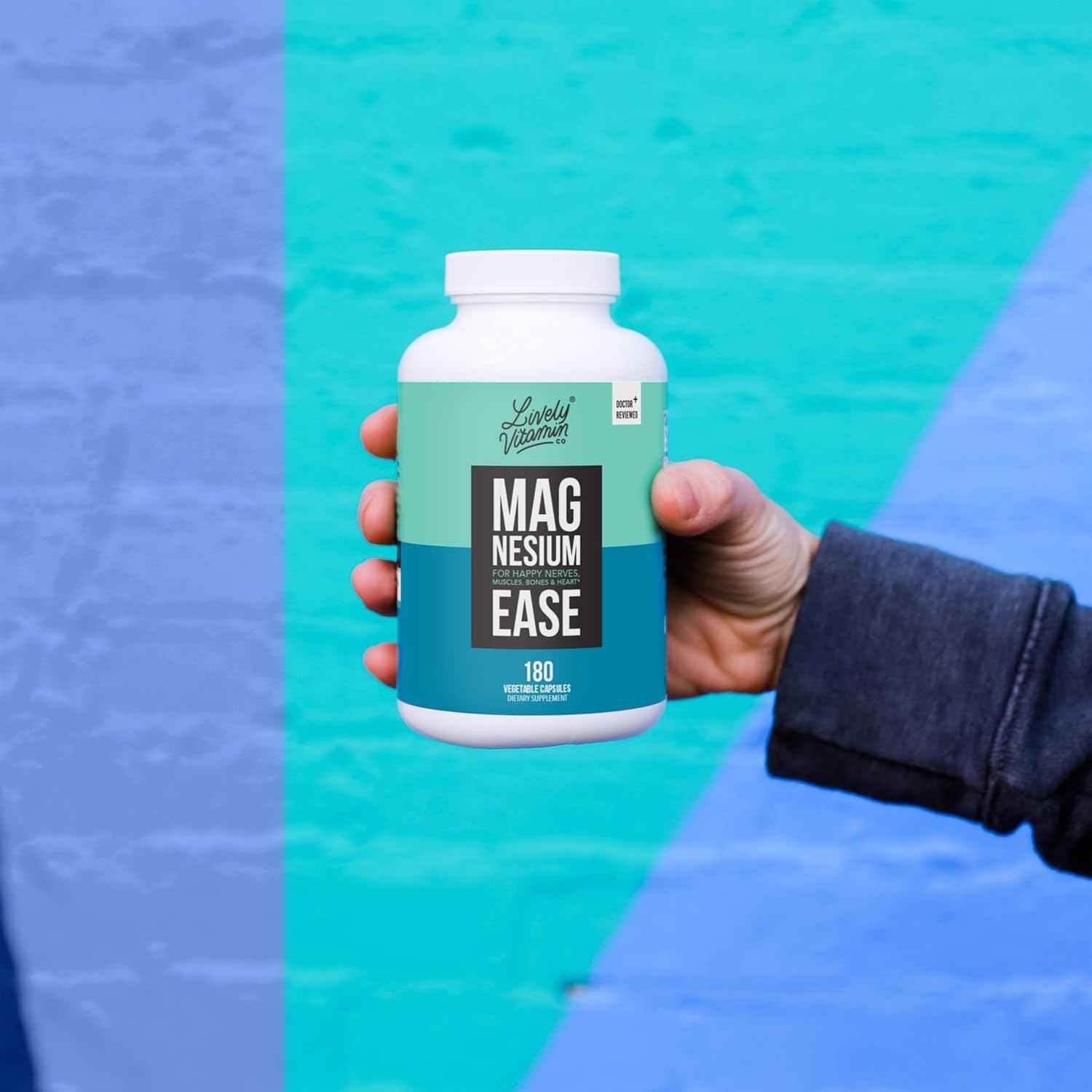 Lively Vitamin Co. Magnesium Ease - Chelated - Highly Bioavailable - Tension - Stress - Nerves - Immune Function - RLS - Gluten Dairy Soy Free - Non-GMO - 180 Vegan Capsules