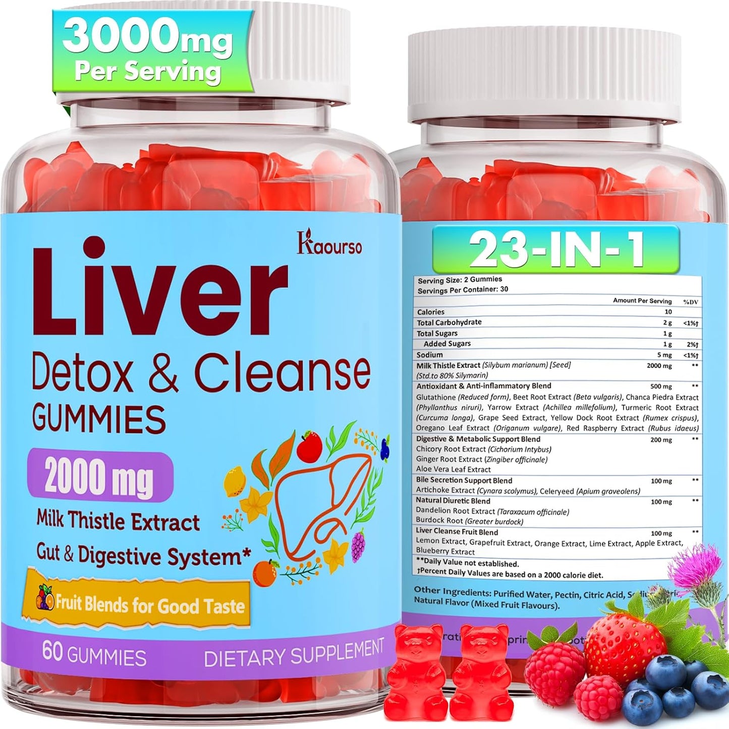 Liver Cleanse Detox Gummies with 3000mg Kaourso, Milk Thistle, Turmeric, Dandelion Root & Artichoke - Liver Support & Renewal, Antioxidant, Gut & Skin Health - 60 Fruit Flavor Gummies