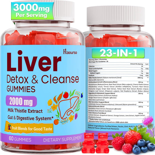 Liver Cleanse Detox Gummies with 3000mg Kaourso, Milk Thistle, Turmeric, Dandelion Root & Artichoke - Liver Support & Renewal, Antioxidant, Gut & Skin Health - 60 Fruit Flavor Gummies