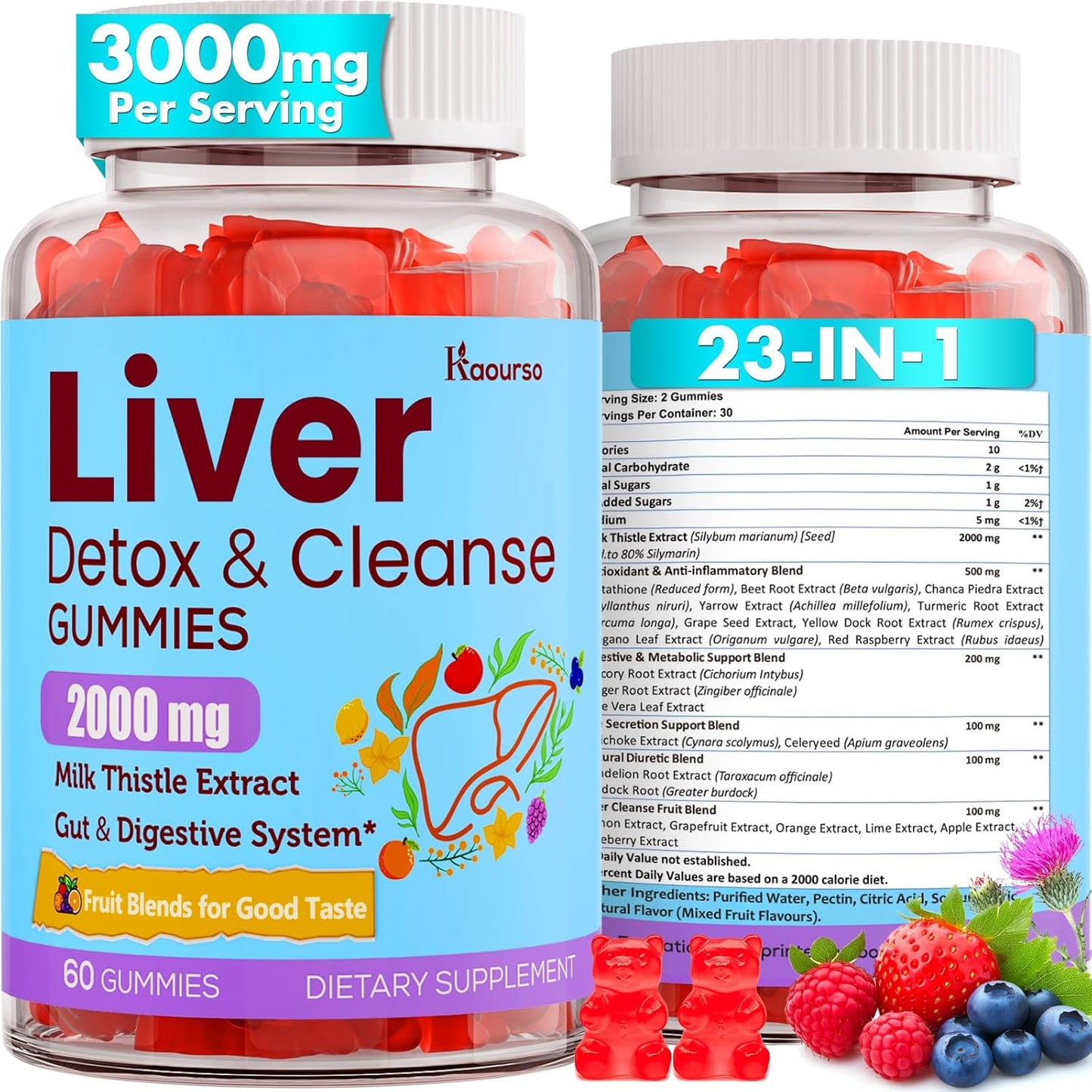 Liver Cleanse Detox Gummies with 3000mg Kaourso, Milk Thistle, Turmeric, Dandelion Root & Artichoke - Liver Support & Renewal, Antioxidant, Gut & Skin Health - 60 Fruit Flavor Gummies