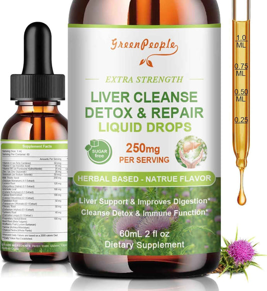 Liver Cleanse Detox & Repair Drops - Liver Supplement w/Milk Thistle Silymarin, Artichoke & Dandelion for Liver Detox & Support- 16x Potent Herb-Nutrients - 2Fl Oz Natural Flavor