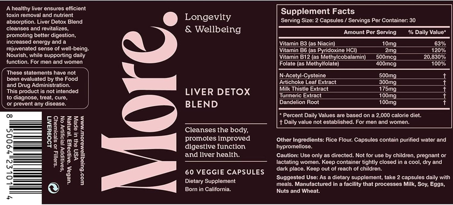 Liver Detox Blend with Antioxidants, Botanicals & Amino Acids - Supports Wellbeing & Longevity - Natural Cleanse Supplement - 60 Capsules