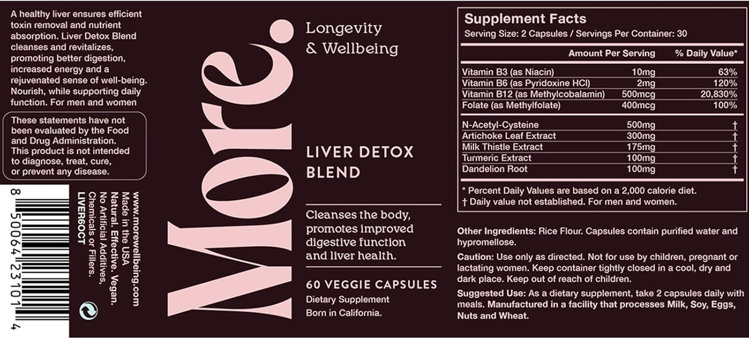 Liver Detox Blend with Antioxidants, Botanicals & Amino Acids - Supports Wellbeing & Longevity - Natural Cleanse Supplement - 60 Capsules