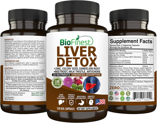 Liver Detox Supplement with 22 Nutrients - Milk Thistle, Artichoke, Beet Root, Turmeric, Ginger - Cleanse Alcohol, Boost Energy, Aid Digestion, Support Metabolism (120 Veg. Capsules)