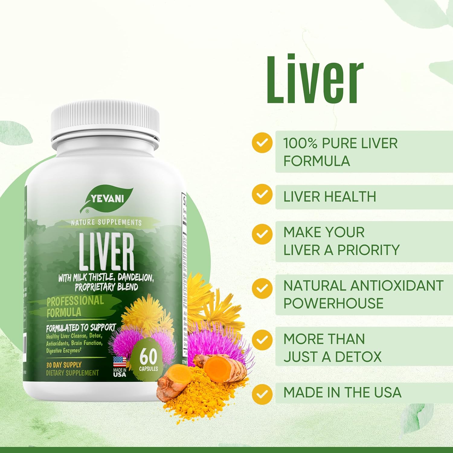 Liver Detox Support Supplement - YEVANI 100% Pure Formula with Milk Thistle, Dandelion, Beetroot, and Artichoke Extract - Herbal Liver Health Capsules for Detoxification