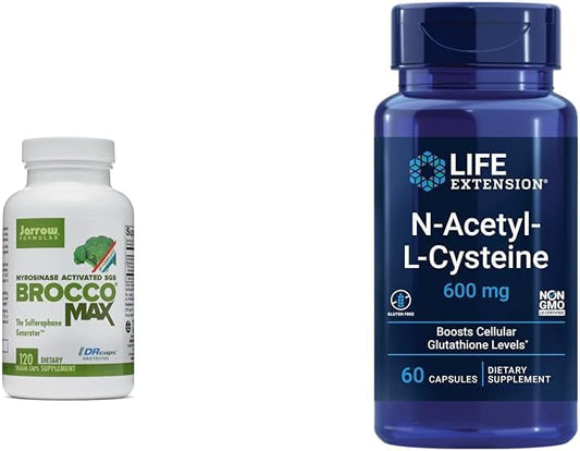 Liver Health Bundle: Jarrow Formulas BroccoMax with Sulforaphane & Life Extension N-Acetyl-L-Cysteine for Immune and Respiratory Support (120 Capsules)