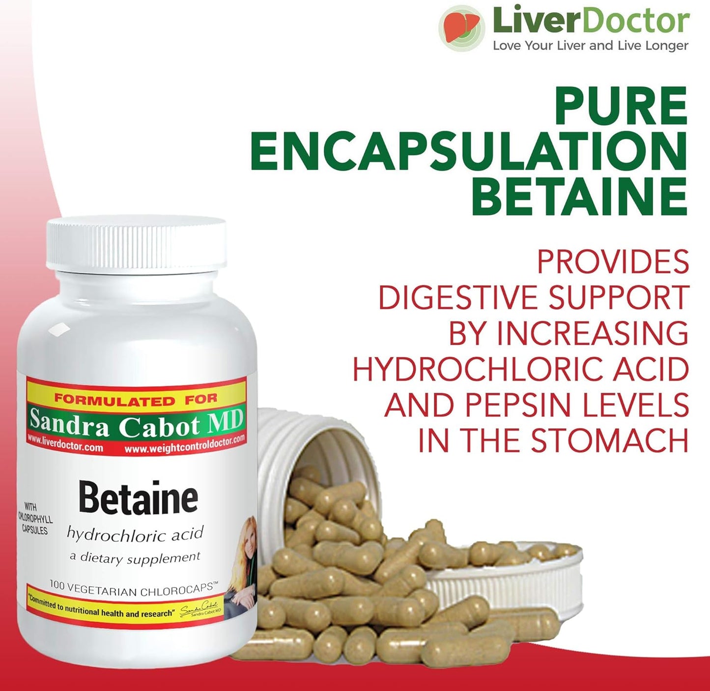 LiverDoctor Betaine HCL Supplement Capsules - Pure Betaine HCL 100 Chlorocaps for Digestive Health