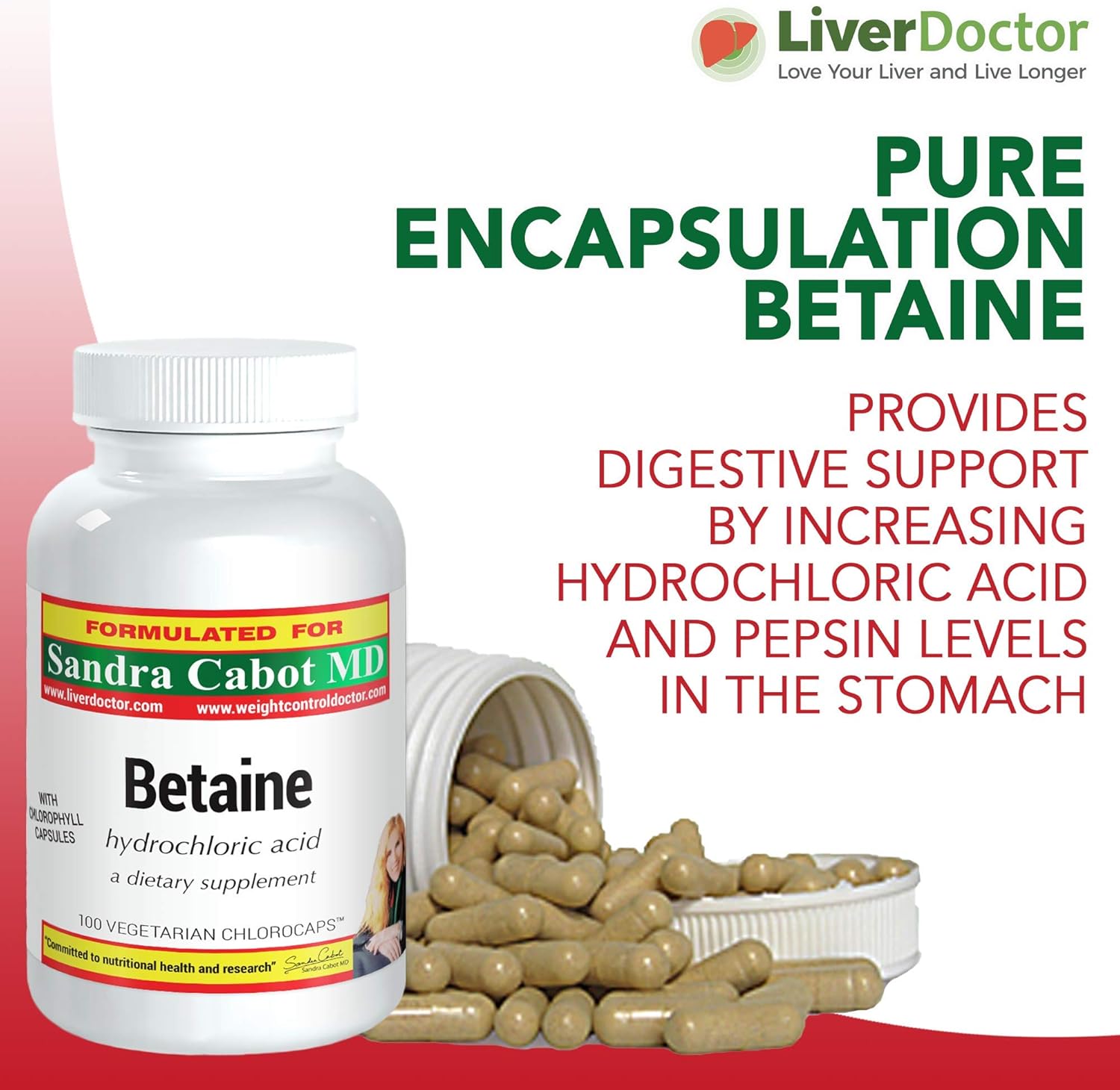LiverDoctor Betaine HCL Supplement Capsules - Pure Betaine HCL 100 Chlorocaps for Digestive Health