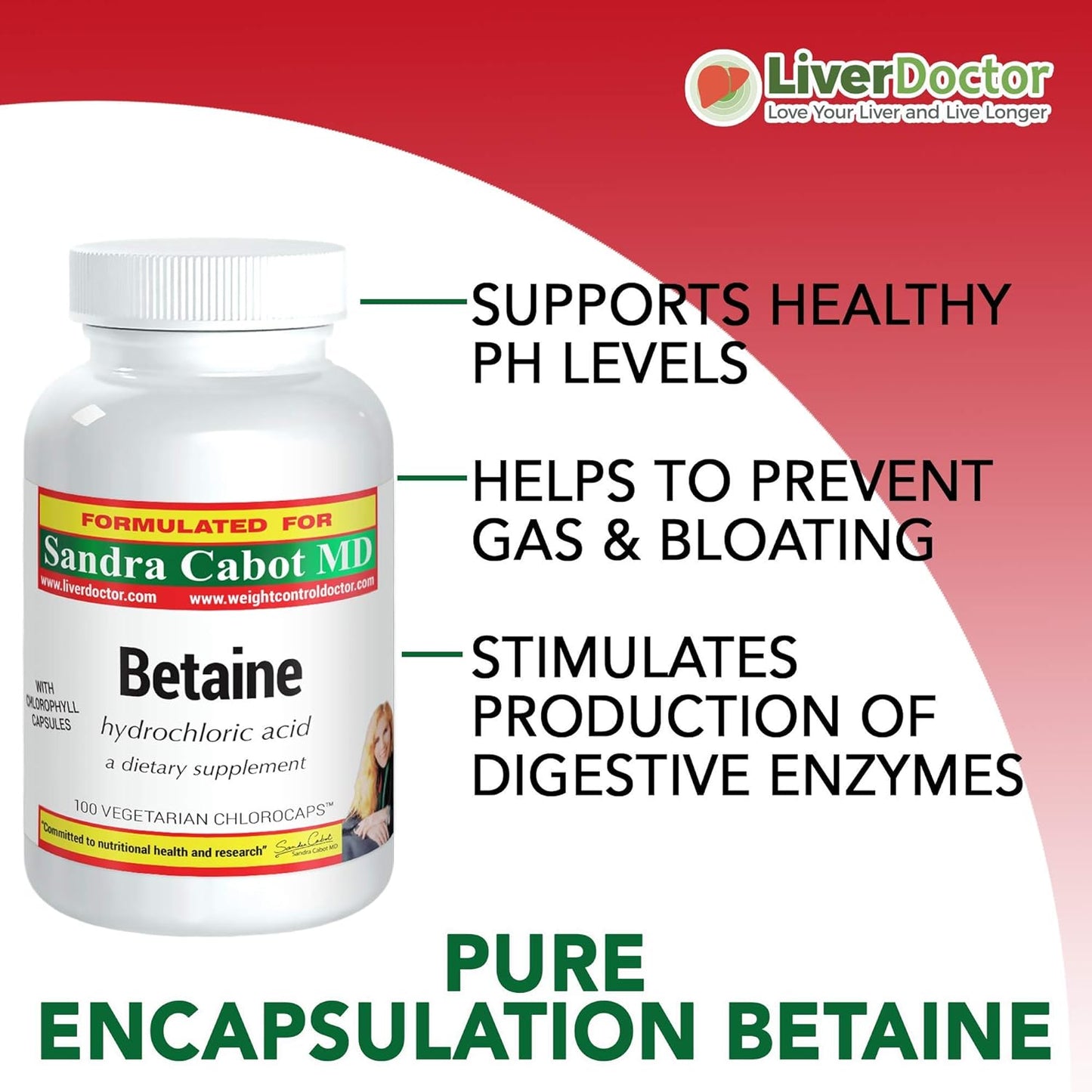 LiverDoctor Betaine HCL Supplement Capsules - Pure Betaine HCL 100 Chlorocaps for Digestive Health