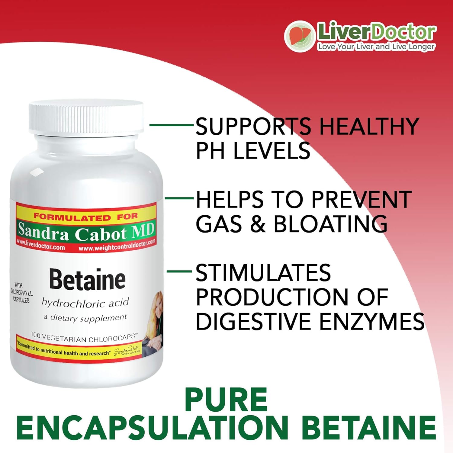 LiverDoctor Betaine HCL Supplement Capsules - Pure Betaine HCL 100 Chlorocaps for Digestive Health