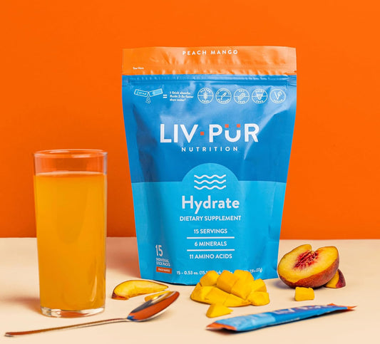 LivPur Nutrition Hydrate Hydration Powder with Electrolytes and Essential Amino Acids, NSF Certified for Sport, Peach Mango Flavor, 15 Single-Serve Sticks