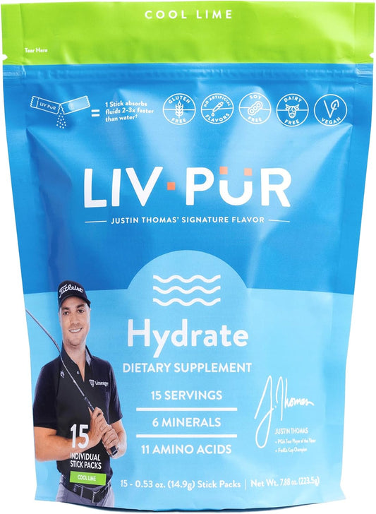 LivPur Nutrition Hydrate Powder with Electrolytes, Amino Acids, and Nutrients | NSF Certified, No Artificial Flavors | Single-Serve Sticks, Cool Lime Flavor | 15 Sticks