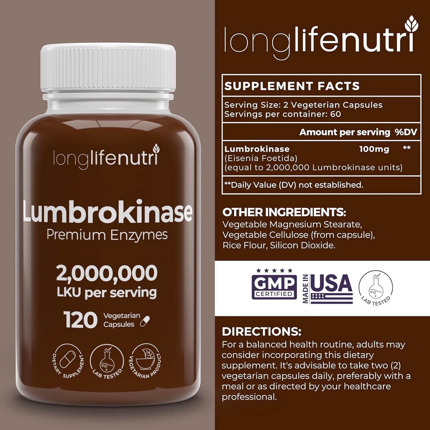 LongLifeNutri Lumbrokinase 100mg - 120 Vegetarian Capsules, 2-Month Supply, Circulatory Health Support Supplement, 2,000,000 Units, USA-Made