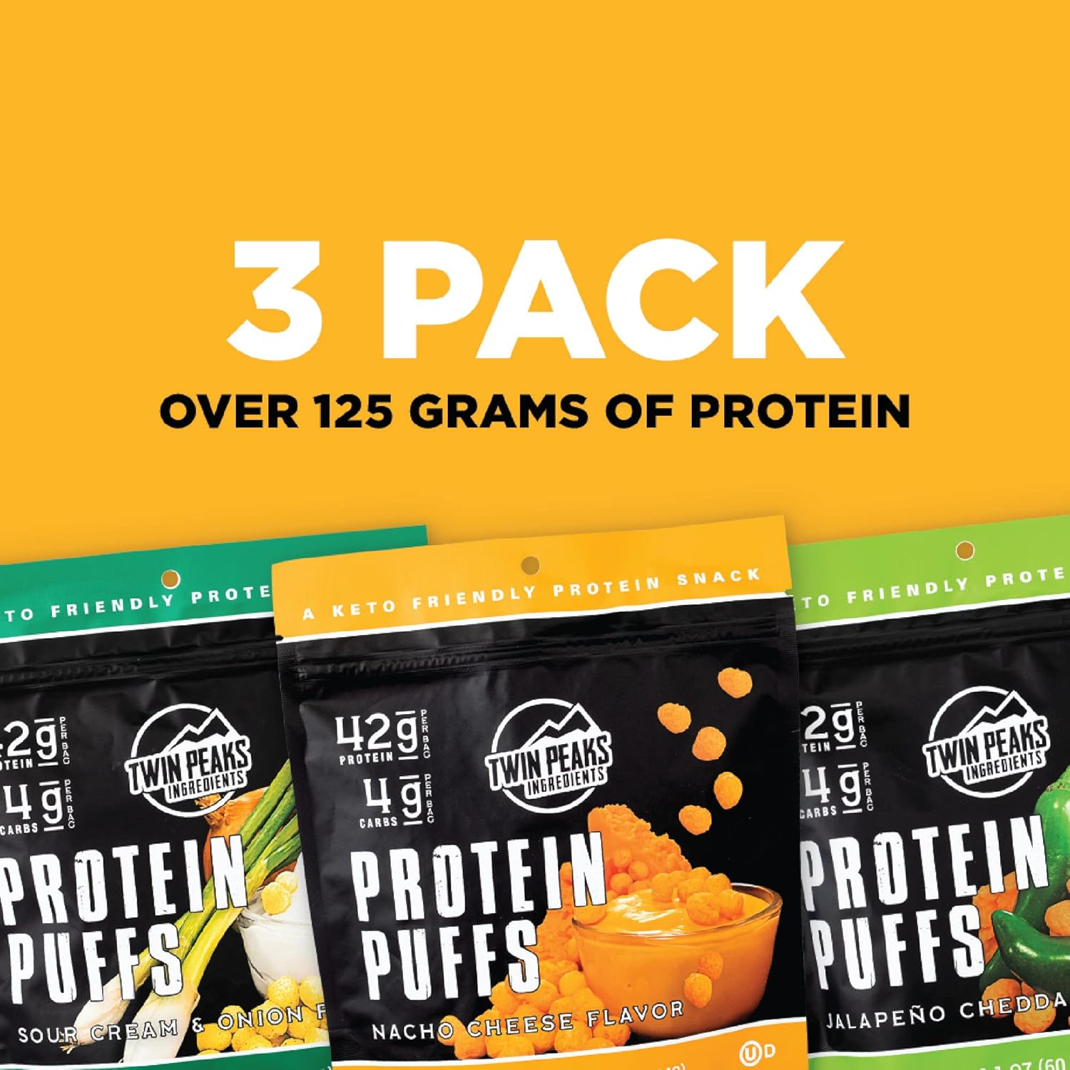 Low Carb Keto Protein Puffs Combo Pack - Twin Peaks Ingredients, 2 Servings, 3 Pack - 60g, 42g Protein, 4g Carbs - 2.1 Ounce each
