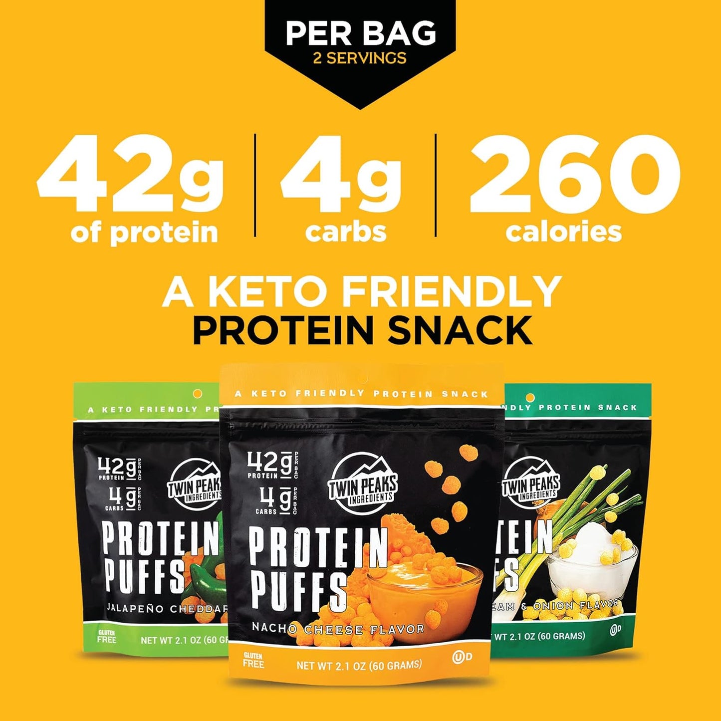 Low Carb Keto Protein Puffs Combo Pack - Twin Peaks Ingredients, 2 Servings, 3 Pack - 60g, 42g Protein, 4g Carbs - 2.1 Ounce each