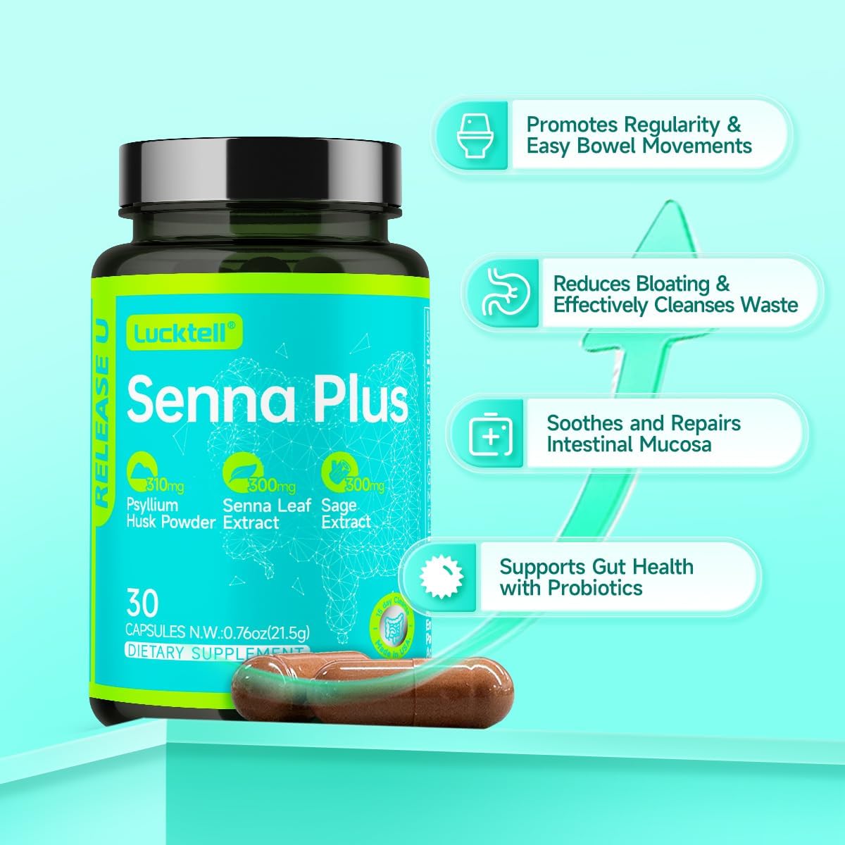 LuckTell Senna Plus - Premium Senna Gut Cleanse Detox for Men & Women, Probiotic Support, Made in USA - 30 Capsules