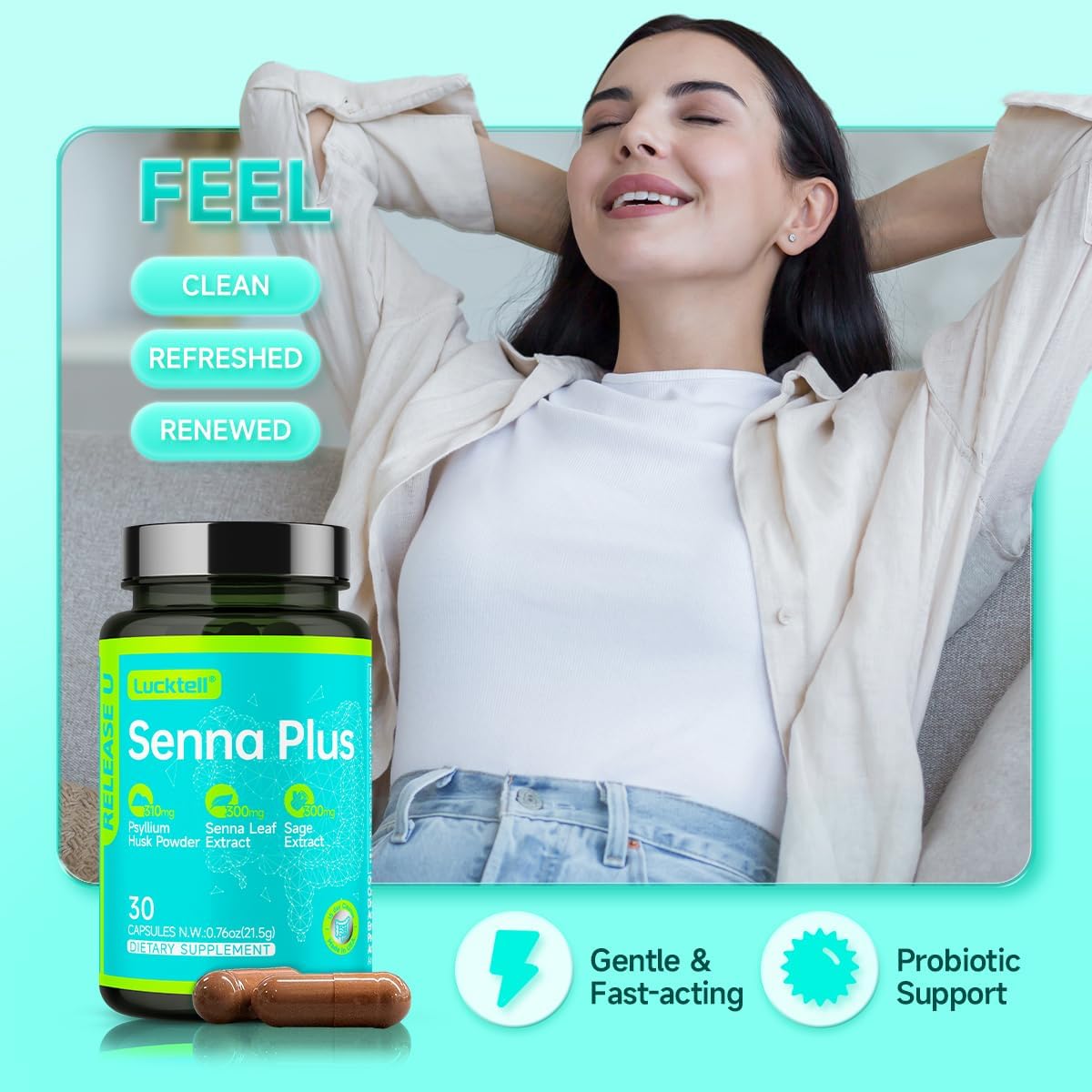 LuckTell Senna Plus - Premium Senna Gut Cleanse Detox for Men & Women, Probiotic Support, Made in USA - 30 Capsules