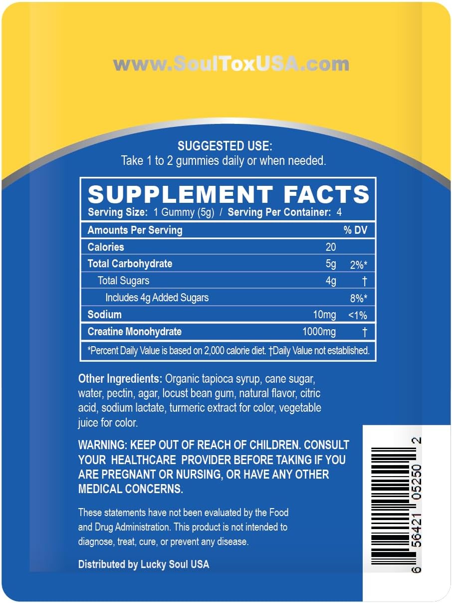 Lucky Soul Soultox Creatine Gummy Packs - Tropical Flavor - Vegan Formula with Creatine Monohydrate for Muscle Growth - 10 Pack