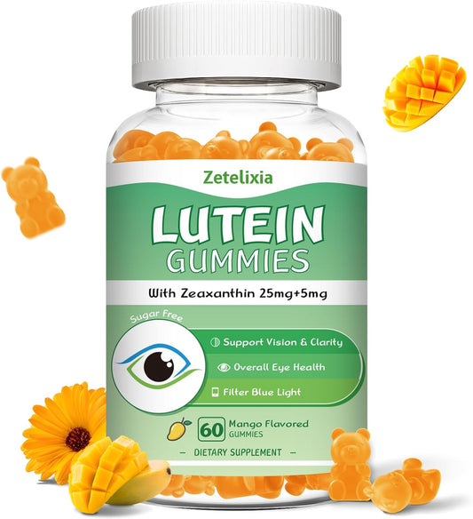 Lutein and Zeaxanthin Gummies for Adults | Eye Health Supplement with 10 Essential Eye Vitamins | Mango Flavor, 60 Count