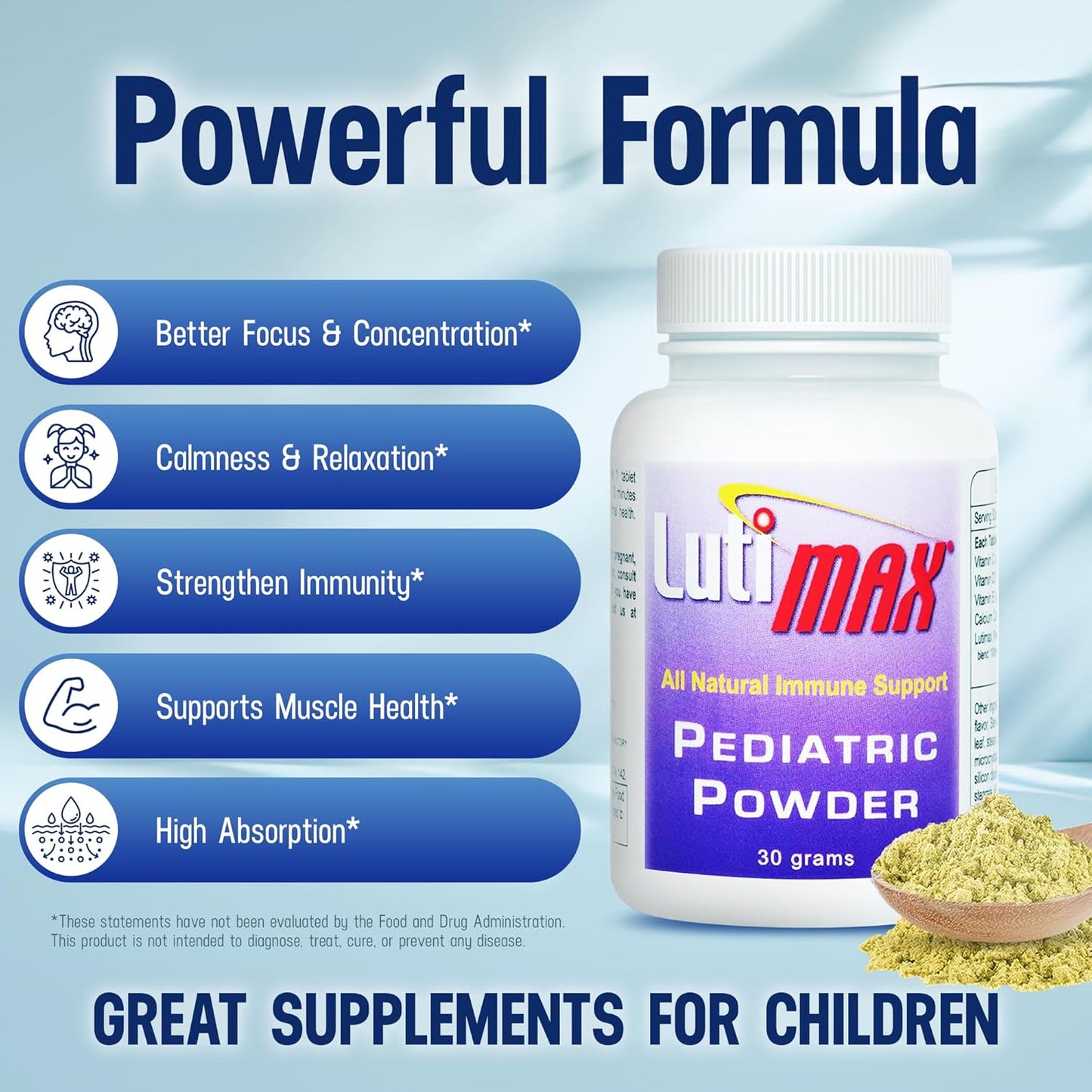 Lutimax Pediatric Powder Brain Supplement for Kids - Memory, Focus, Muscle & Immune Support - Nootropic Antioxidants - 200 Servings