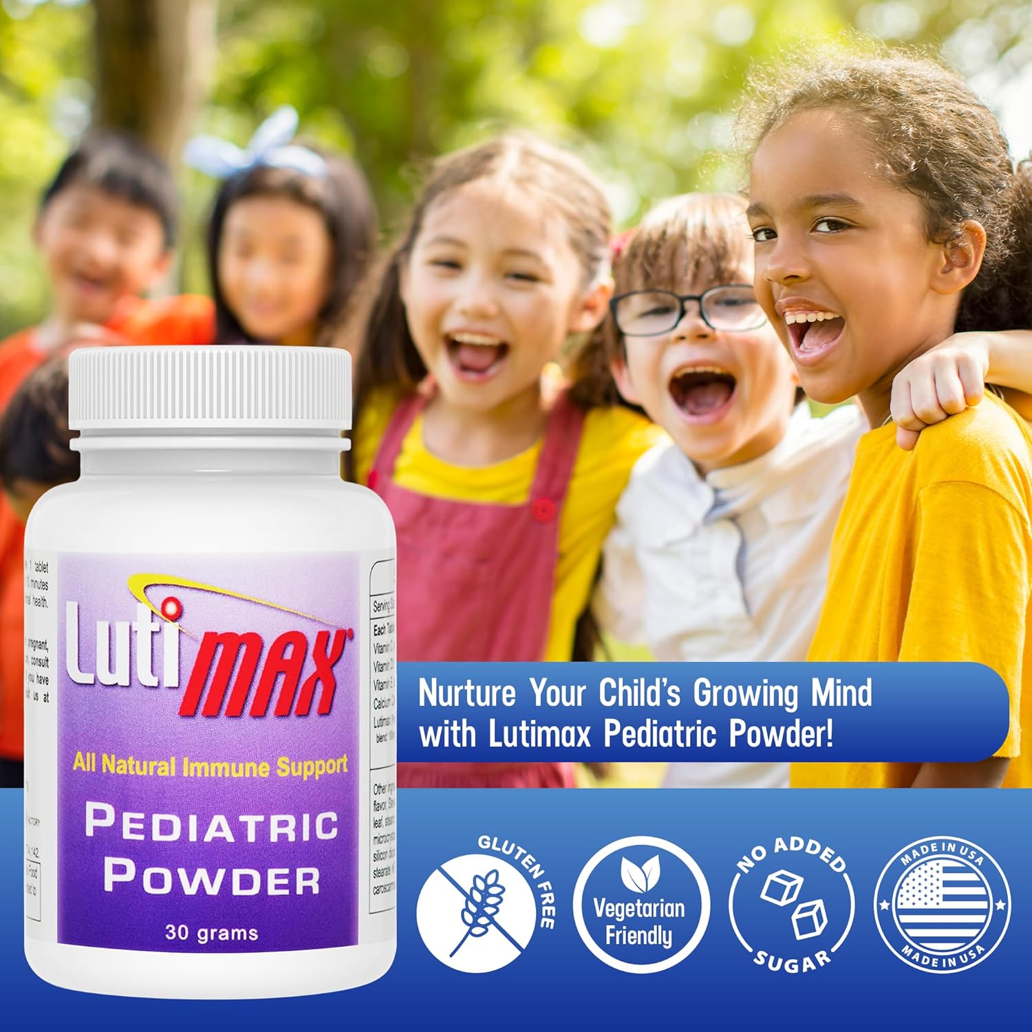 Lutimax Pediatric Powder Brain Supplement for Kids - Memory, Focus, Muscle & Immune Support - Nootropic Antioxidants - 200 Servings
