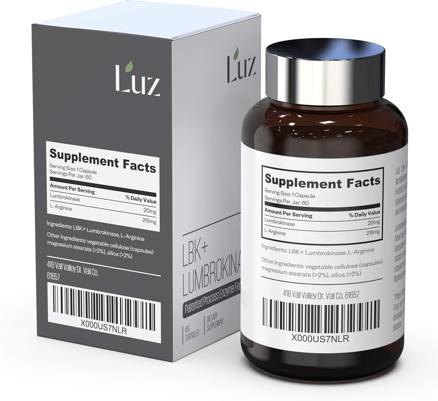 Luz LBK+ Lumbrokinase Supplement - 60 Capsules - Patented Extraction Process
