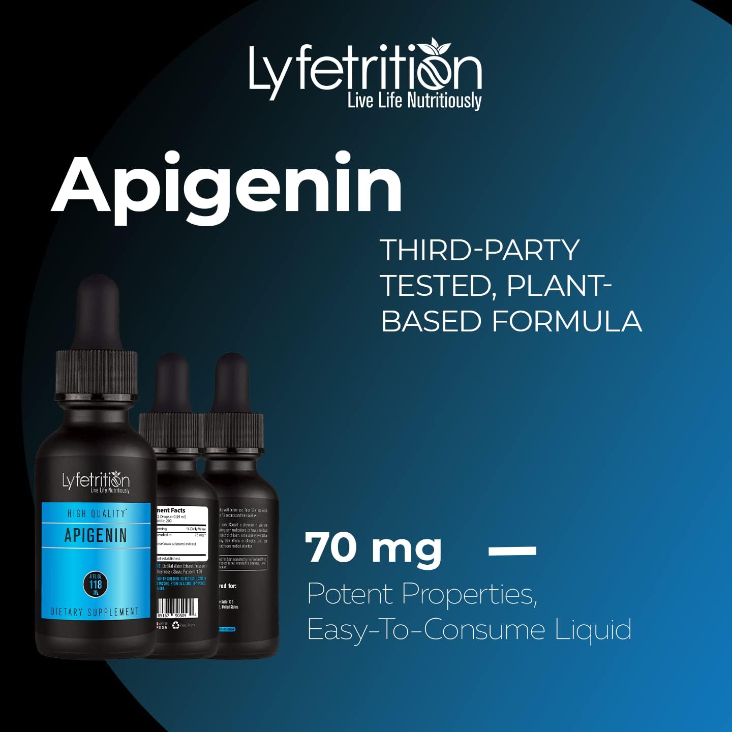 Lyfetrition Apigenin Liquid Supplement 70mg - 4 Oz Bottle, 220 Servings - Made in USA, Quick Absorption, Quality Ingredients - Non-GMO & Cruelty-Free