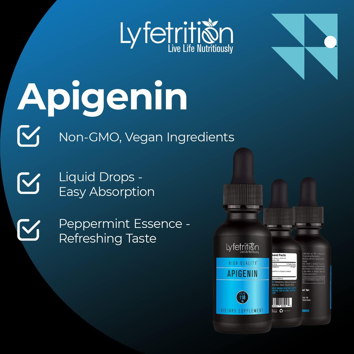 Lyfetrition Apigenin Liquid Supplement 70mg - 4 Oz Bottle, 220 Servings - Made in USA, Quick Absorption, Quality Ingredients - Non-GMO & Cruelty-Free
