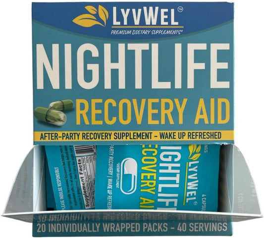 LyvWel Nightlife Recovery Carton | Morning Rejuvenation with DHM, Electrolytes, B Vitamins | 20 Packs, 40 Servings