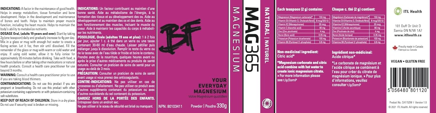 MAG365 ITL Health BF Bone Support - Ionic Magnesium Citrate with Vitamins and Minerals, Natural Powder, 330g