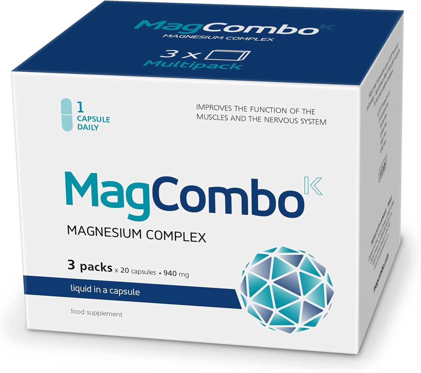 MagCombo Magnesium Supplement - High Absorption Oil Formula with Vitamins B2, B6, B12, and C - 3 Pack, 1 Capsule Daily
