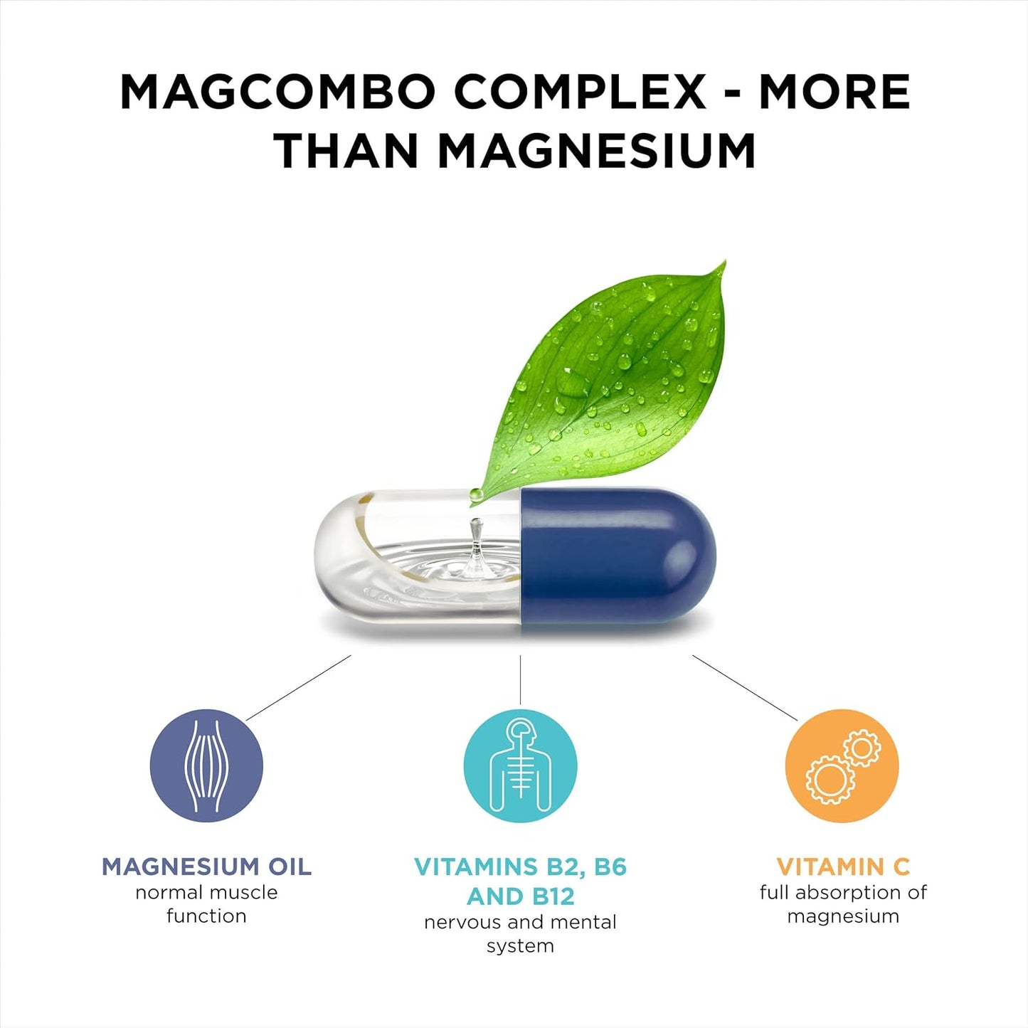 MagCombo Magnesium Supplement - High Absorption Oil Formula with Vitamins B2, B6, B12, and C - 3 Pack, 1 Capsule Daily